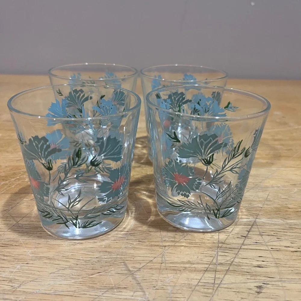 Vtg Taylor Smith & Taylor Teal Ever Yours Floral Juice Glasses Set of‎ 4 MCM